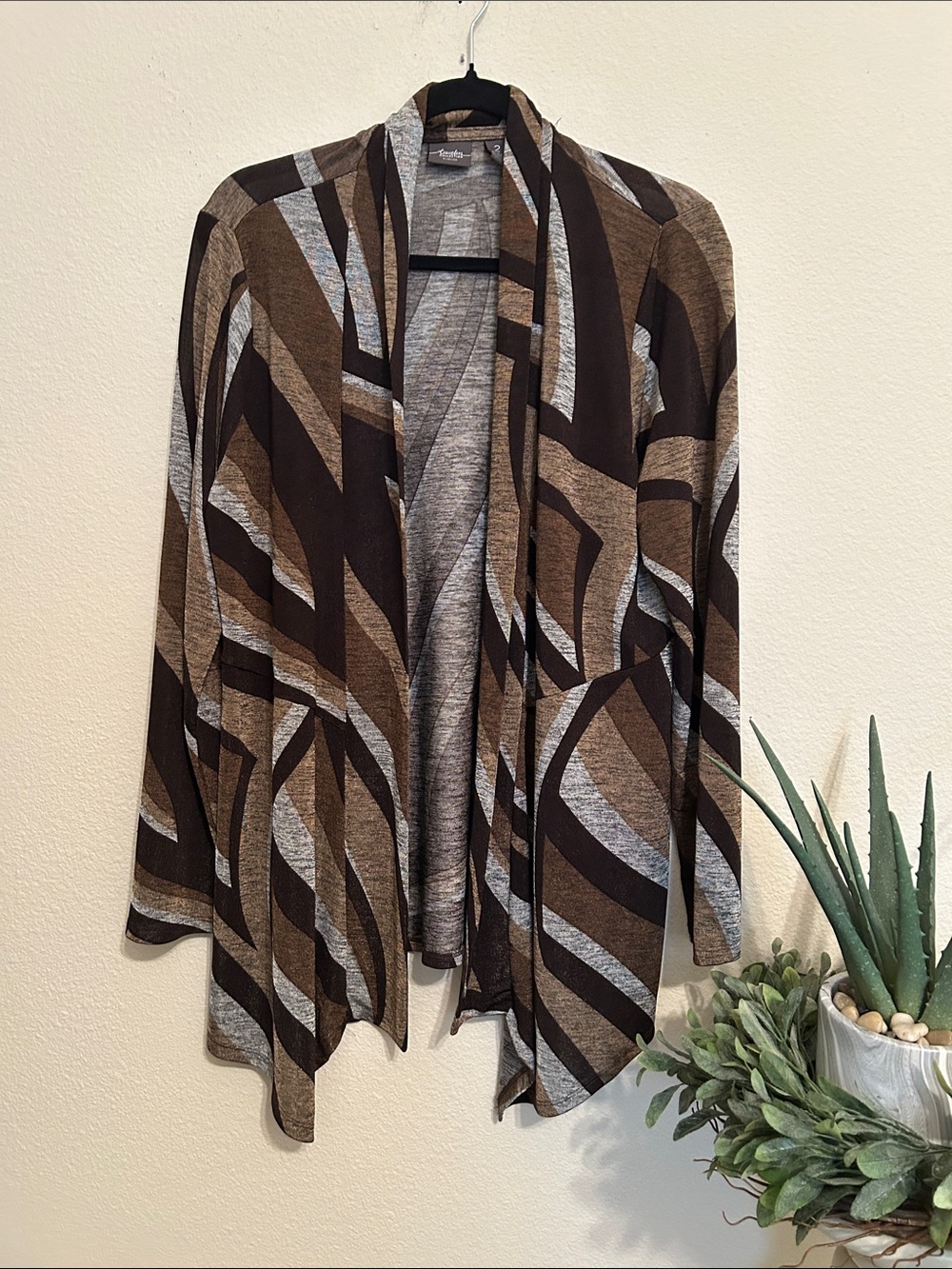 Chico's Brown and Gray Geometric Open-Front Cardigan